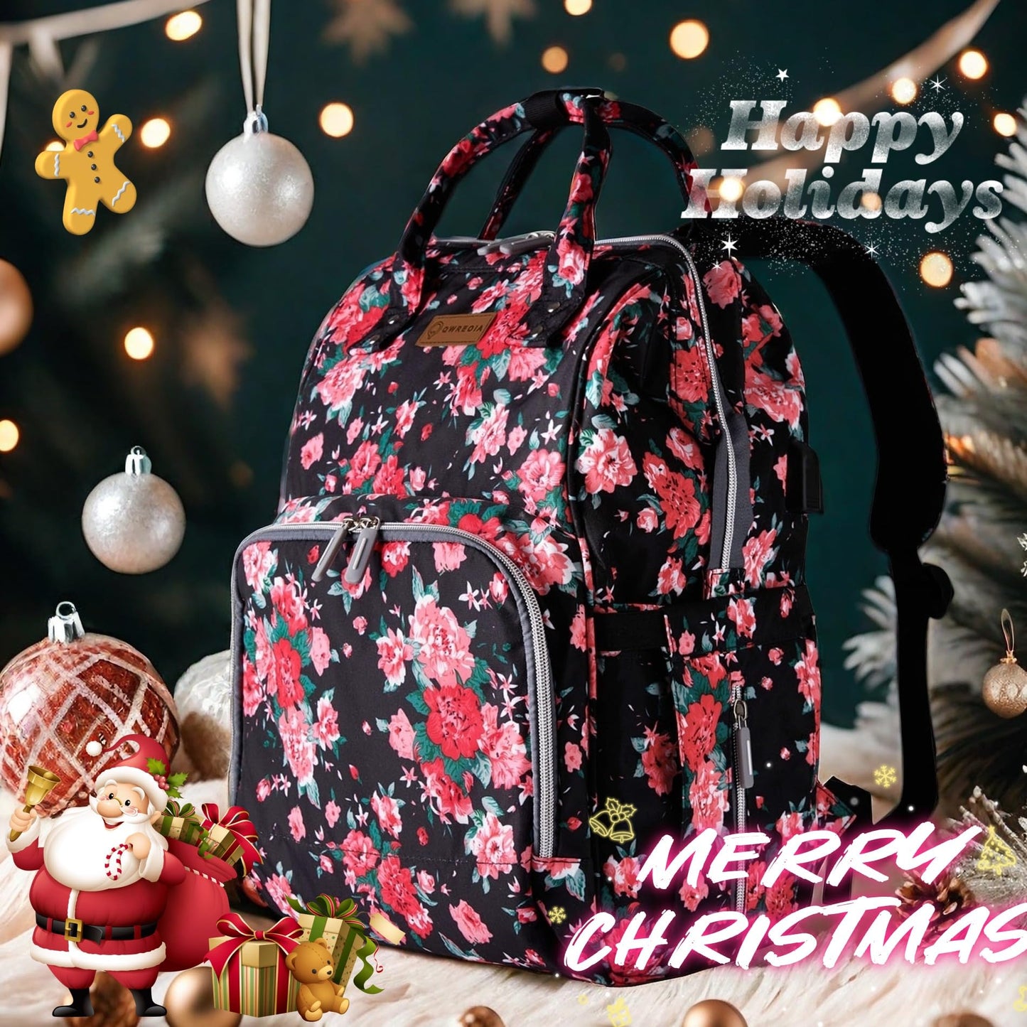 QWREOIA Floral Diaper Bag Backpack with USB Charging Port Stroller Straps and Insulated Pocket, Travel Bag Nappy Backpack For Women/Mum (Red Flower Pattern)