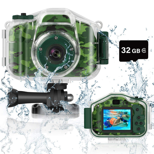 DEKER Waterproof Camera for Kids, Christmas Birthday Gifts for Boys Girls 3-12 Year Old, Mini HD Toddler Digital Video Children Travel Camcorder, 2 Inch IPS Screen with 32GB Card (Green)