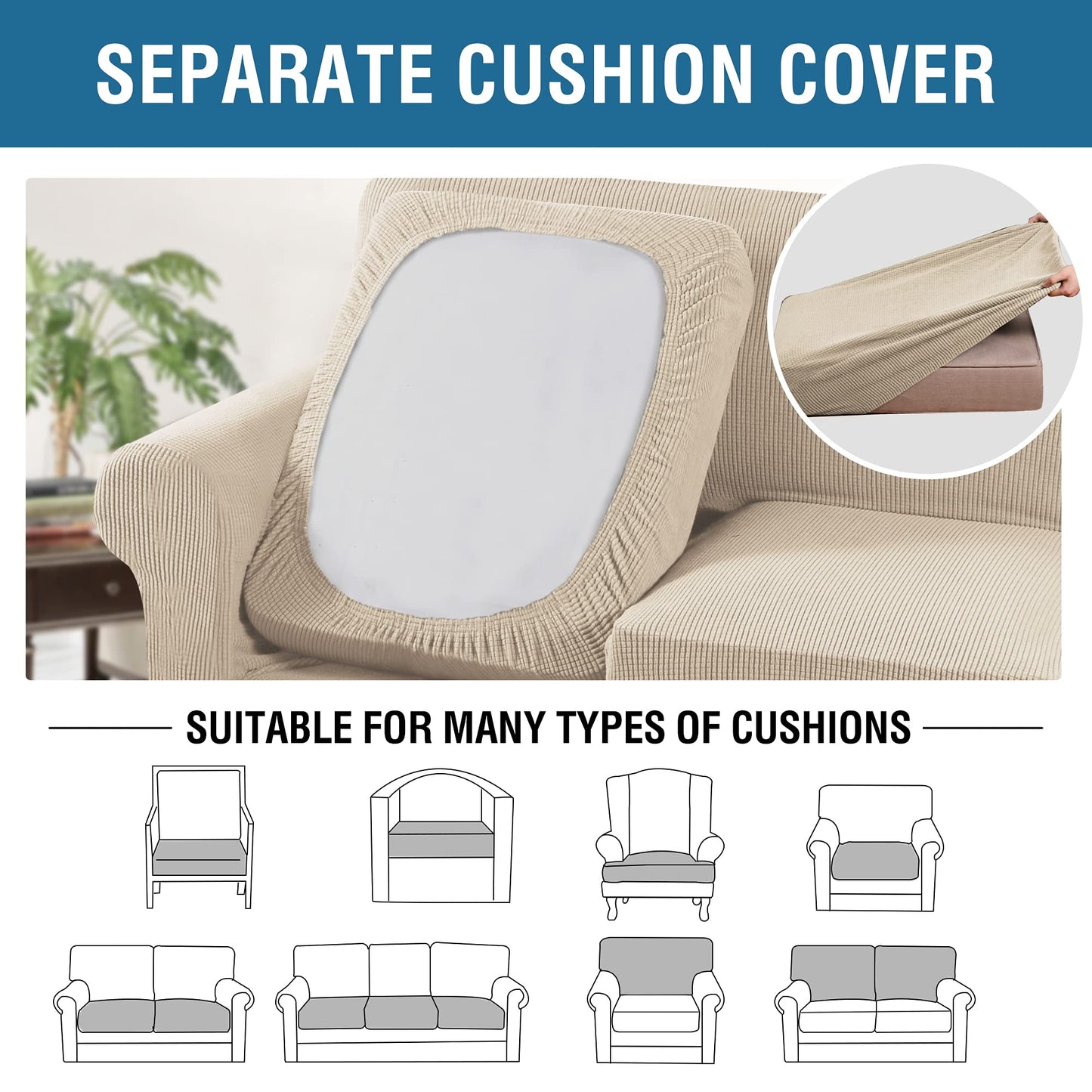 H.VERSAILTEX 4 Piece Stretch Couch Covers for 3 Cushion Couch Sofa Furniture Slipcovers Feature Upgraded Thicker Jacquard Fabric (Sofa, Natural)