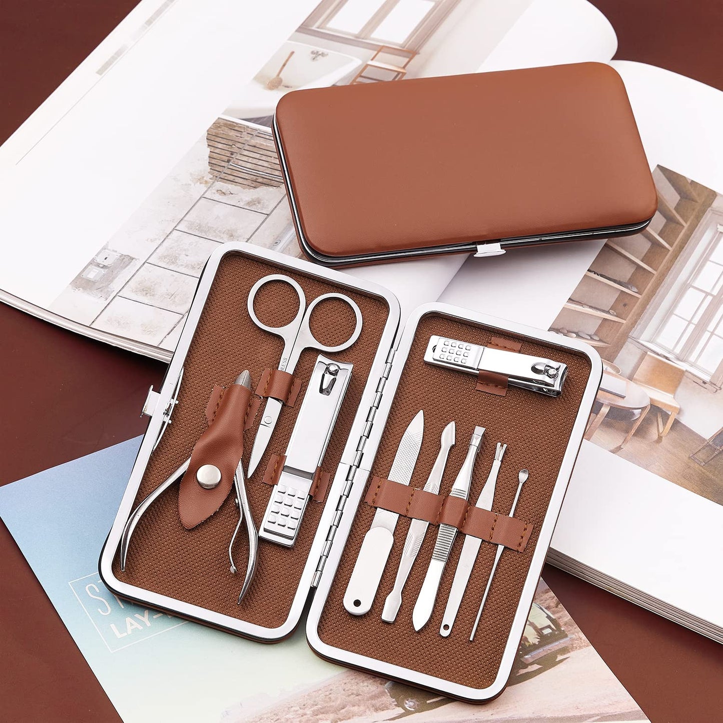 Manicure Set, FAMILIFE Professional Manicure Kit Nail Kit Mens Grooming Tools Pedicure Tool 9PCS Gifts for Men Boyfriend Stainless Steel Nail Clipper Set Leather Case Brown