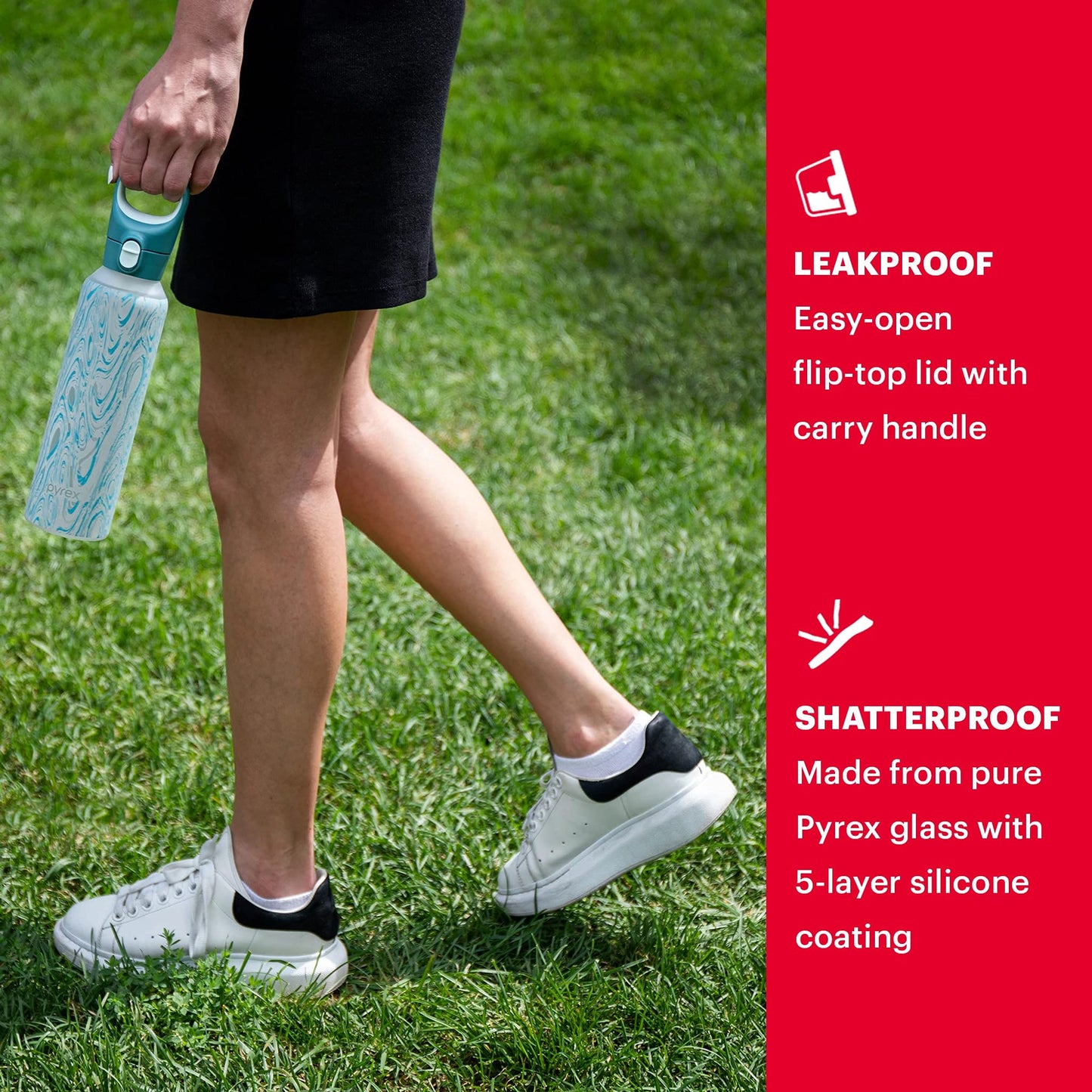 Pyrex 24-Oz Color Changing Glass Water Bottle with Silicone Coating, Leakproof and Textured Glass Reusable Water Bottle with Flip-Top Lid, Eco-Friendly, BPA-Free Silicone Coating, Happy Floral