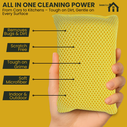 Iconikal 6-Pack Bug Scrubber Sponge 5.9x3.5-Inch Yellow Microfiber Large Car Wash Reusable for Paint Chrome Glass RV Motorcycle Cleaning