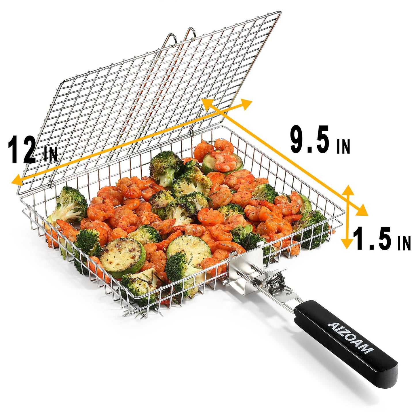 AIZOAM Grill Basket - Grill Baskets for Outdoor Grill, Stainless Steel Large Grilling Basket w Removable Handle, Portable Fish Grilling Rack for Grill Ideal Meat Fish Vegetables Grilling Accessories