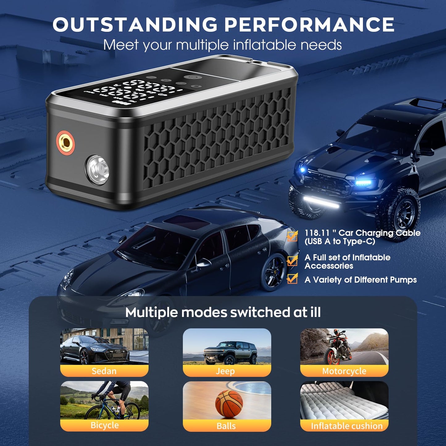 KZKB Tire Inflator Portable Air Compressor, 160 PSI Air Pump for Car Tires with Digital Pressure Gauge, Bike Tire Pump with LED Light Portable Tire Inflator for Car, Bike, Motorcycle, Ball