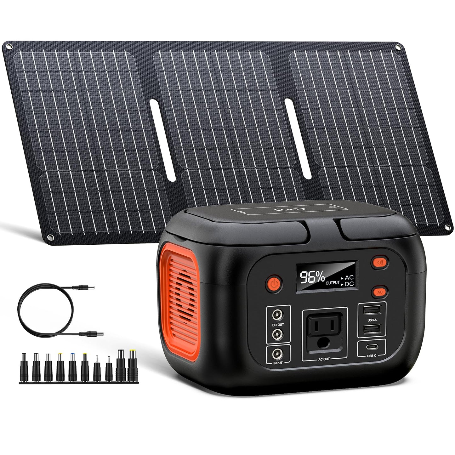 Portable Solar Generator, 150W Portable Power Station with Foldable 30W Solar Panel, 110V Pure Sine Wave 97Wh Lithium Battery Pack with Multi-Port LED Flashlights for Home Camping Hurricane Emergency
