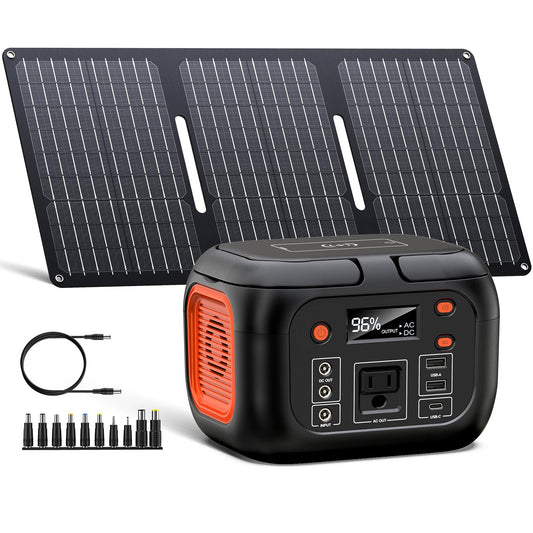 Portable Solar Generator, 150W Portable Power Station with Foldable 30W Solar Panel, 110V Pure Sine Wave 97Wh Lithium Battery Pack with Multi-Port LED Flashlights for Home Camping Hurricane Emergency