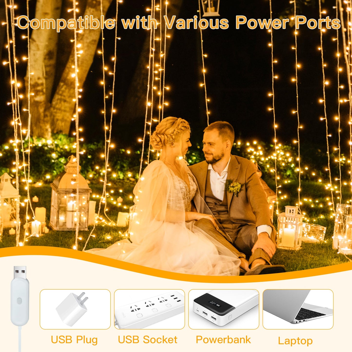 Ollny Curtain Lights 6.6x6.6ft, 200 LED String Lights with Remote 8 Modes Dimmable Timer, USB Power Fairy Light for Bedroom Backdrop Indoor Wall Window Wedding Decor, Warm White