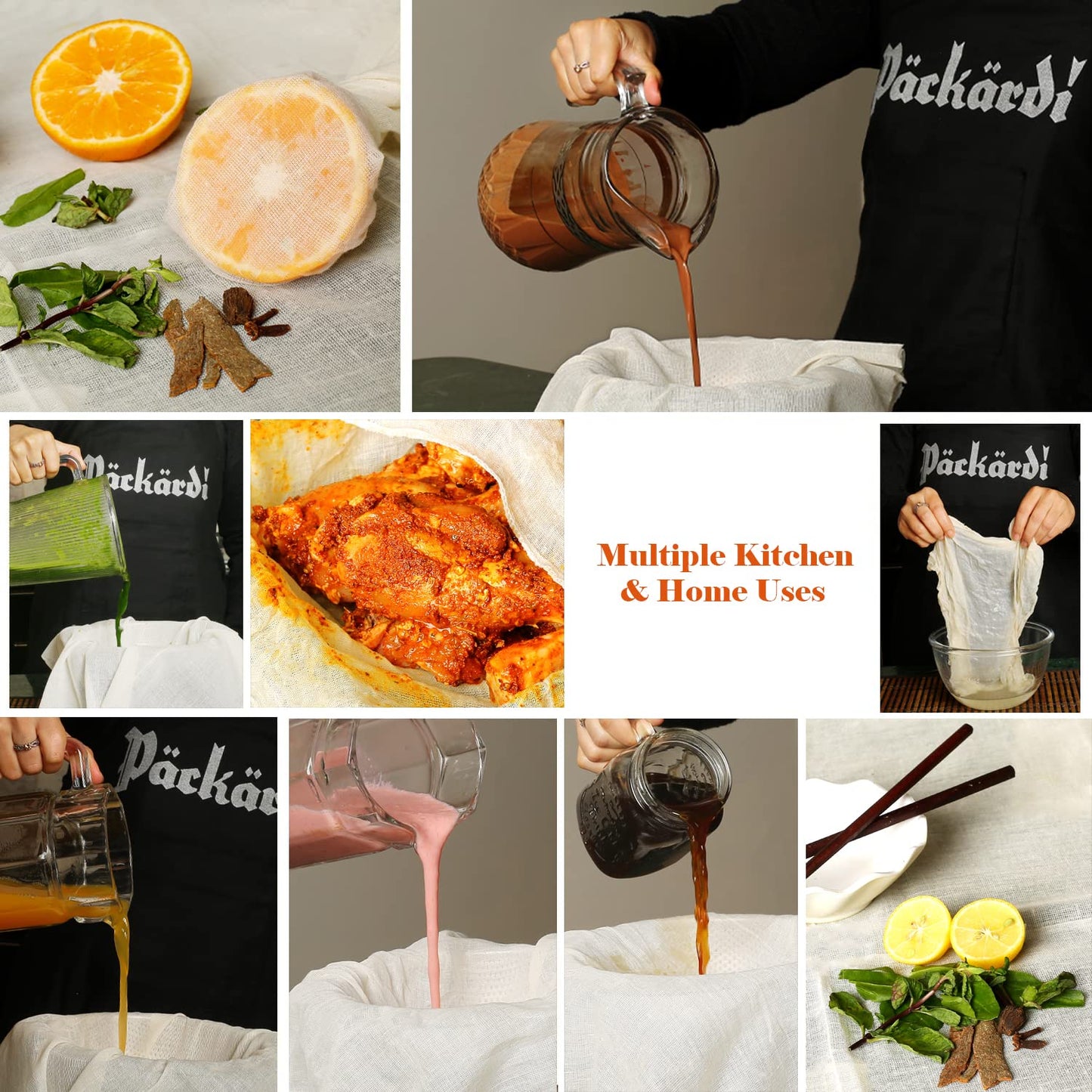 PACKARDI 8 PCS Grade 100+ Cheese Cloths 20x20 Inch, Reusable and Washable Cheesecloths for Straining,100% Unbleached Pure Cotton Lint Free, Ultra-Fine Cheese Cloth for Baking & Juicing (52×50 TPI)