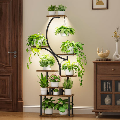 Plant Stand Indoor with Grow Lights - 62" Tall Plant Shelf, Lighted Corner Plant Stands for Indoor Growing, 8 Tiered Large Flower Holder, S-Shaped Decorative Rack for Living Room, Black, Patent Design