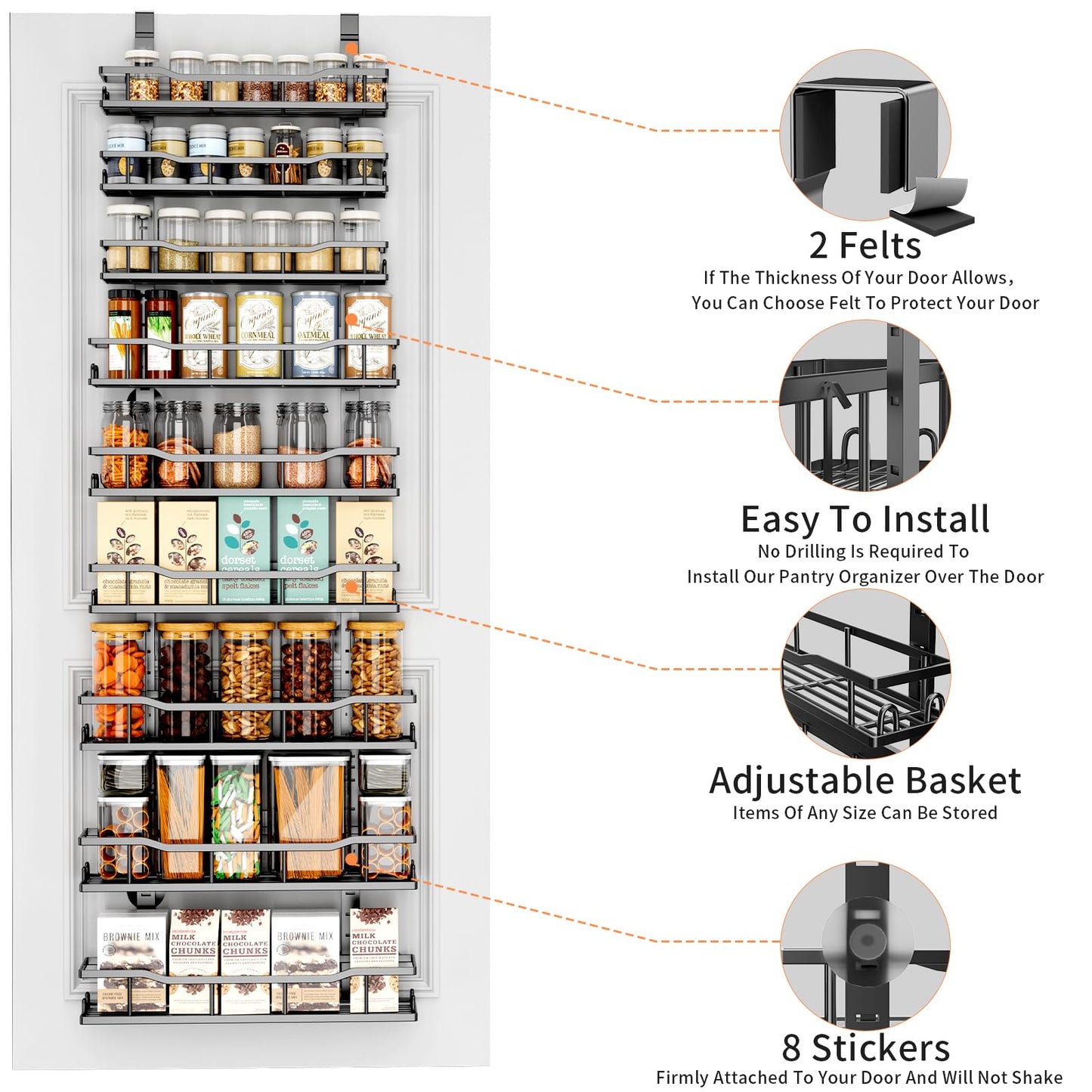 Over The Door Pantry Organizer, 9-Tier Over The Door Organizer with Adjustable Baskets, Metal Hanging Spice Rack for Pantry Organizers and Storage, Suitable for Kitchen Laundry Room & Bathroom, Black