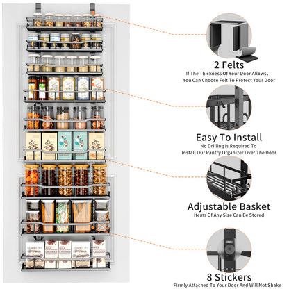 Over The Door Pantry Organizer, 9-Tier Over The Door Organizer with Adjustable Baskets, Metal Hanging Spice Rack for Pantry Organizers and Storage, Suitable for Kitchen Laundry Room & Bathroom, Black