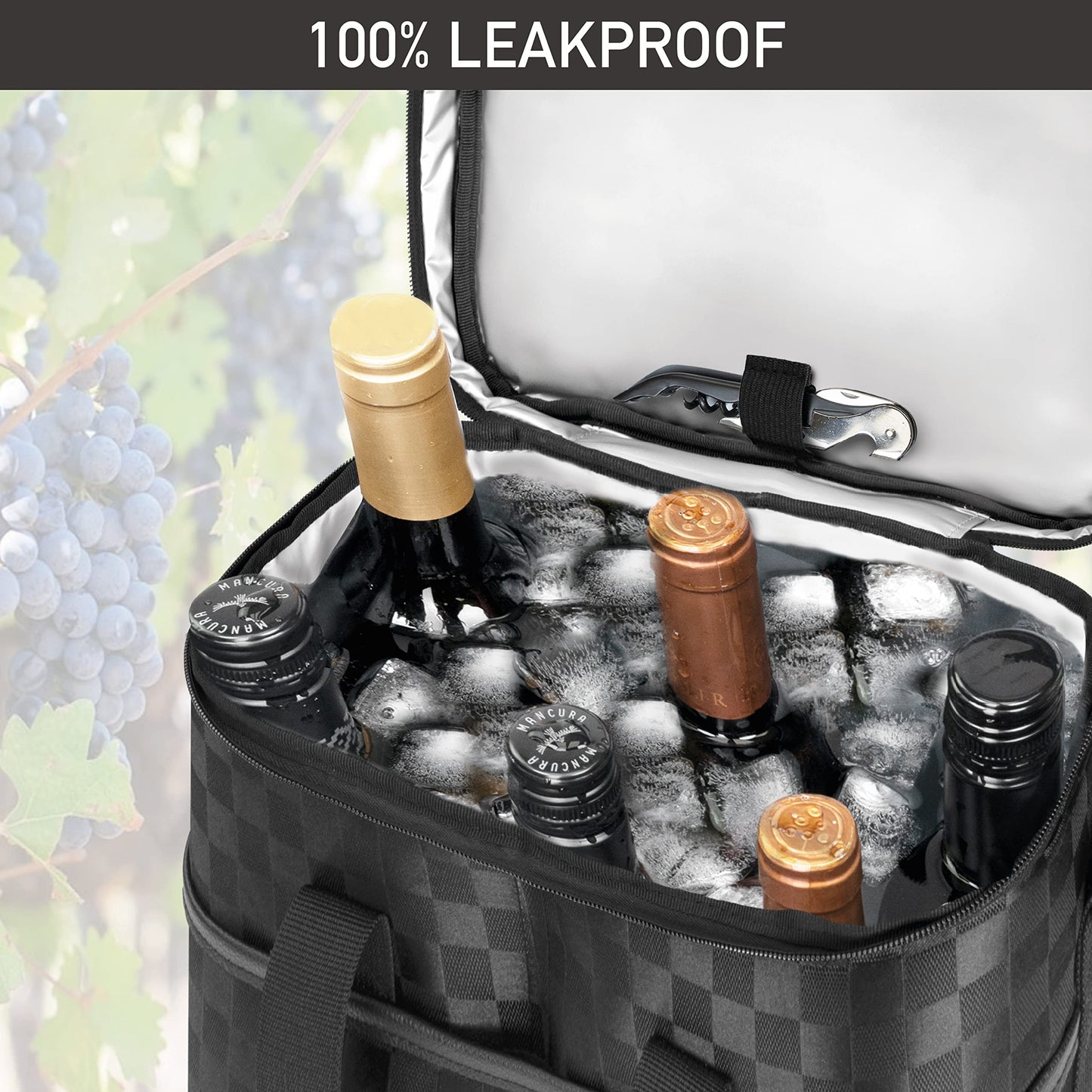 opux 6 Bottle Carrier Tote | Insulated Padded Wine Cooler Bag for Travel. Picnic, BYOB | Portable Leakproof Wine Tote Bag for Dinner, Party, Christmas, Wine Gift for Women, Men (Black Square)