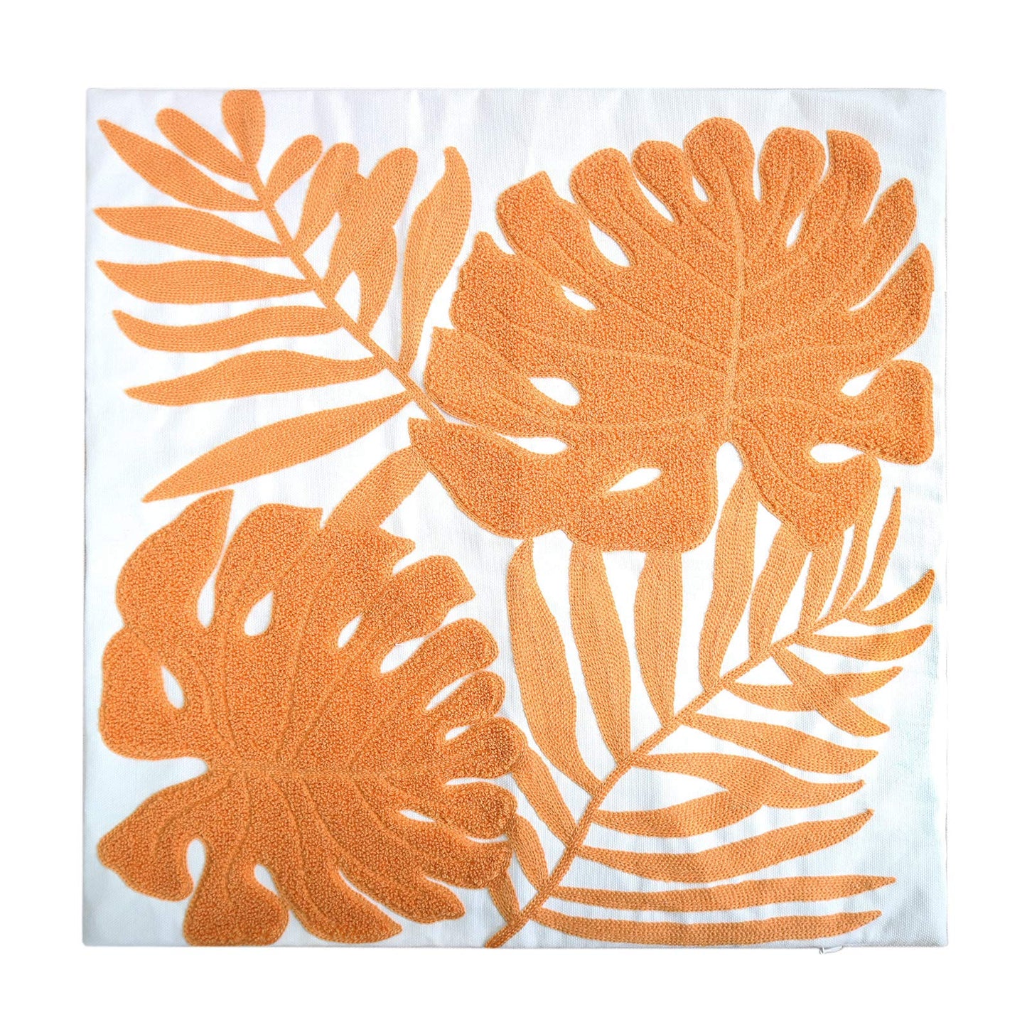 Hodeco Embroidery Throw Pillow Covers 18x18 Home Decor Floor Pillow Cover for Couch Bed Chair 100% Cotton Loop Embroidered Orange Tropical Leaves Cushion Cover Square Pillowcase 45x45cm, 1 Piece