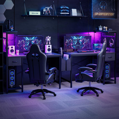Grandder Gaming Desk 40 Inch with Power Outlet and LED Light, Computer Desk with Reversible Shelves and Storage Drawer, Pc Small Desk for Home Office Table with Bag, Carbon Fiber Black