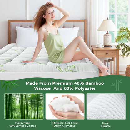 HYLEORY Mattress Topper Queen Size - Thick Bamboo-Viscose Cooling Pillow Top Mattress Pad Breathable Fluffy Soft Mattress Cover with 8-21" Deep Pocket, Green