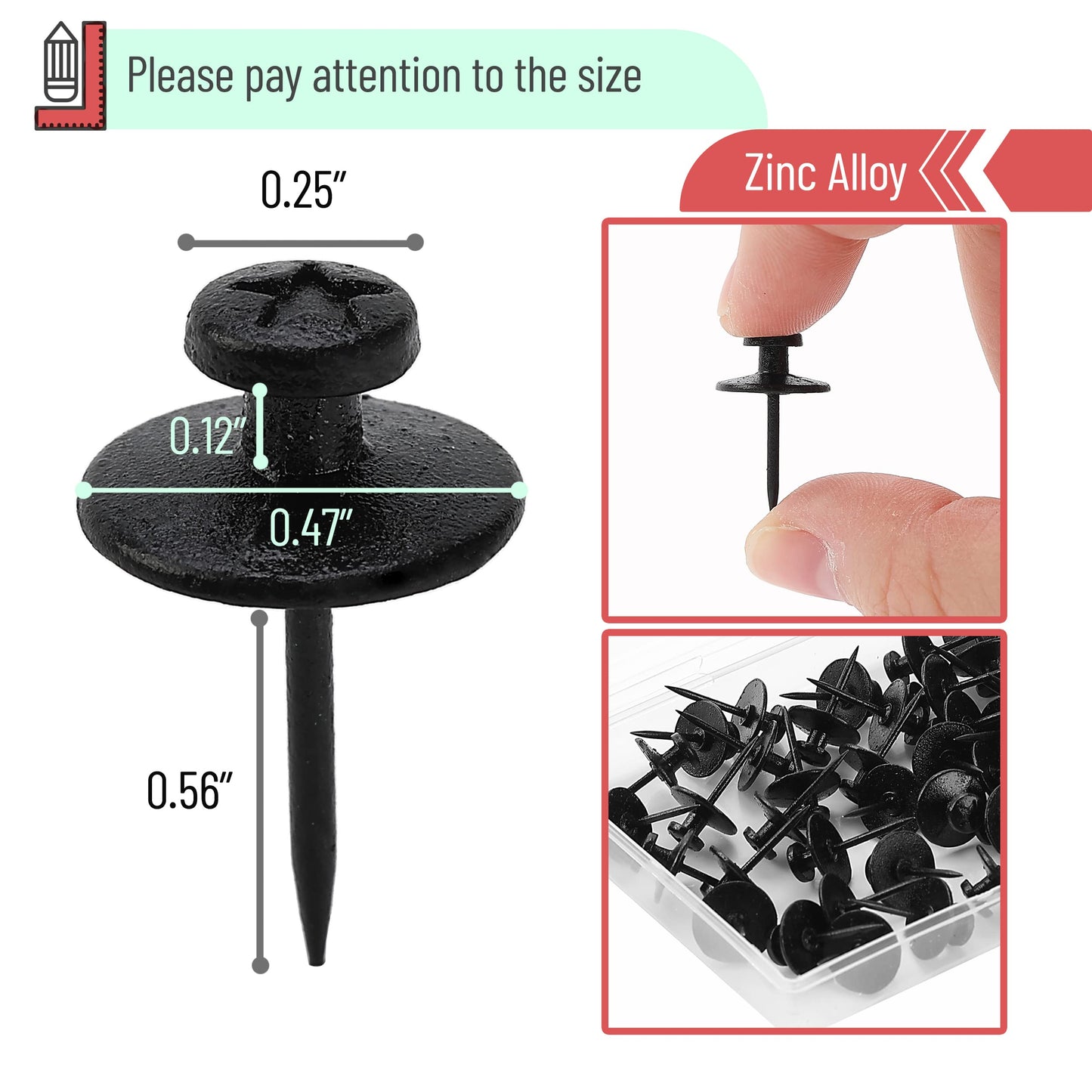 Mr. Pen- Double Headed Picture Hanging Nails, 50 Pack, Black, Push Pins for Wall