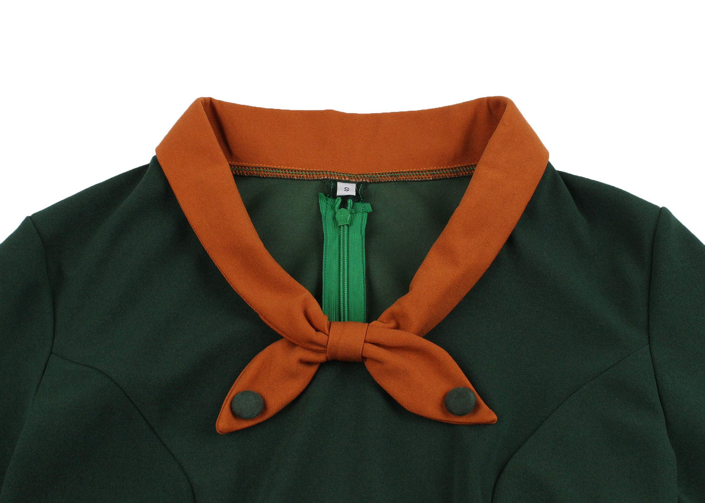 Nihsatin Women's Vintage-Inspired Green A-Line Dress with Orange Collar and Belt