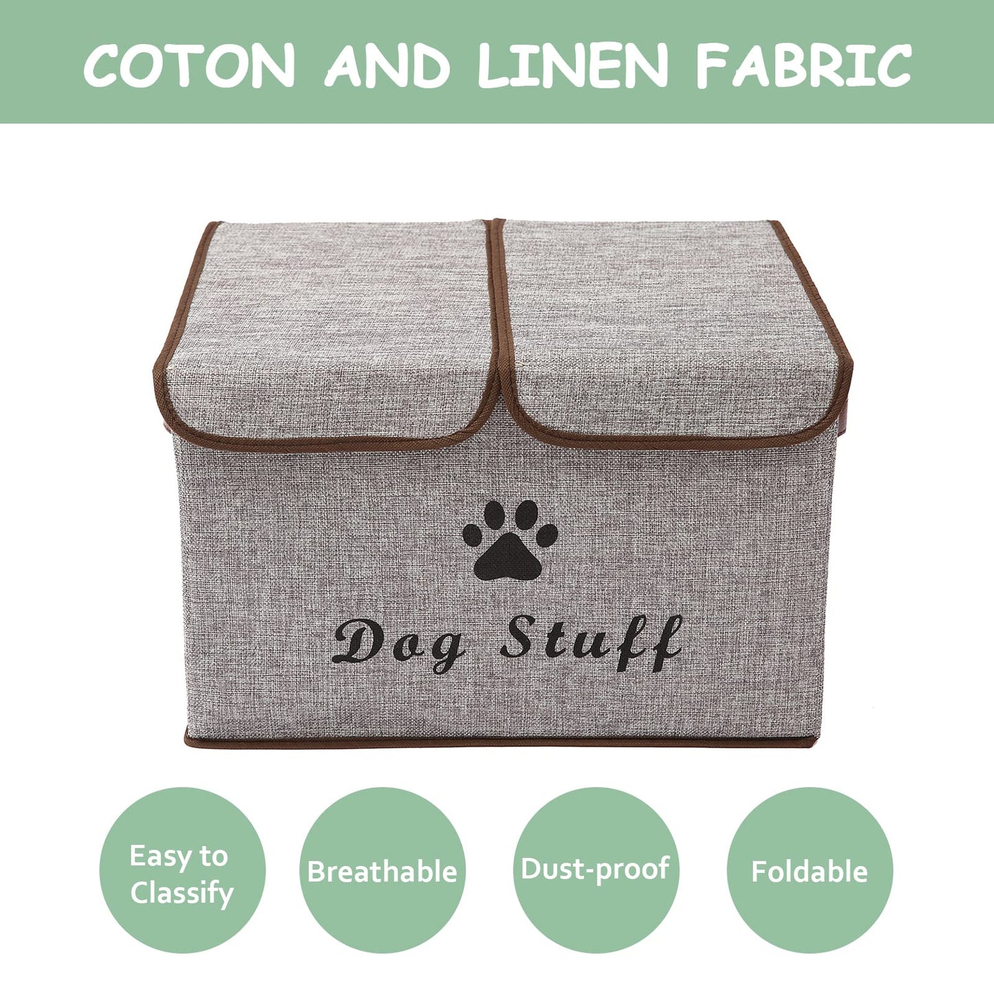 Geyecete Large Storage Boxes - Large Linen Fabric Foldable Storage Cubes Bin Box Containers with Lid and Handles for Dog Apparel & Accessories, Dog Coats, Dog Toys, Dog Clothing(Grey)