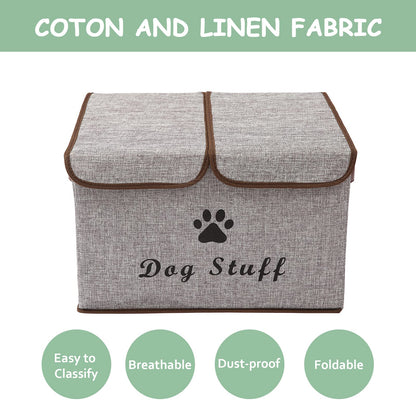 Geyecete Large Storage Boxes - Large Linen Fabric Foldable Storage Cubes Bin Box Containers with Lid and Handles for Dog Apparel & Accessories, Dog Coats, Dog Toys, Dog Clothing(Grey)