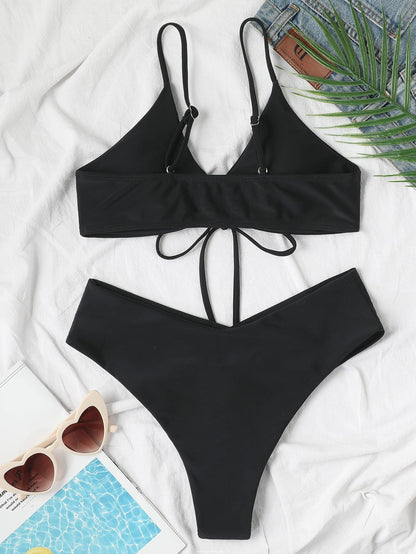 Meetall Black High Cut Triangle Bikini Set Swimsuits for Women Sexy Cheeky String Brazilian Bathing Suits Two Piece Size M