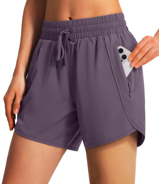 Ksmien Women's 5" Athletic Running Shorts Quick Dry Lightweight Workout Gym Shorts with Zipper Pockets UPF 50+ Grey Purple