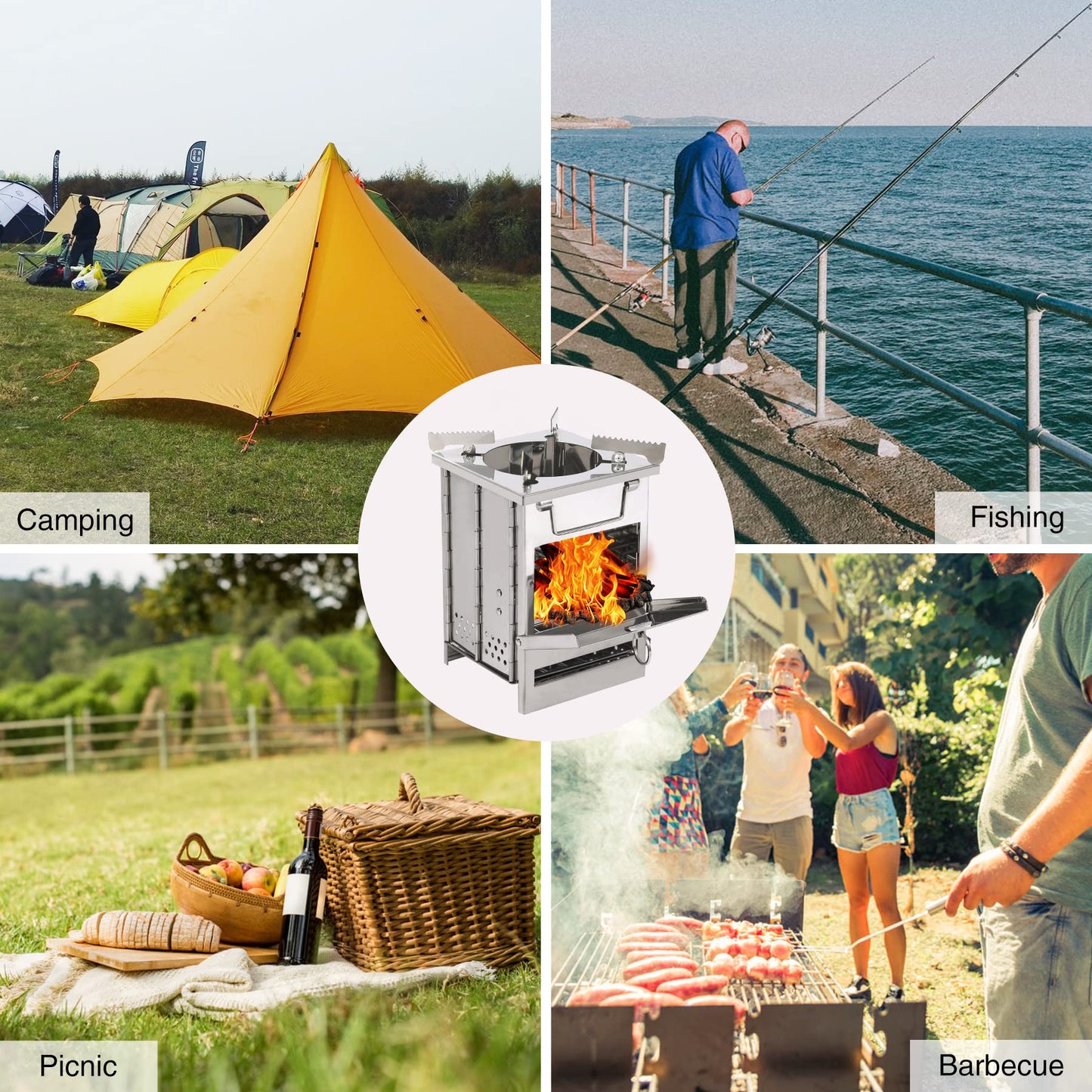 REDCAMP Wood Burning Folding Camp Stove Stainless Steel Grill and Pot Stand, Portable Collapsible Backpacking Stove Survival Rocket Stove for Hiking Outdoor Tent Camping Picnic, Largel with Pot Stand