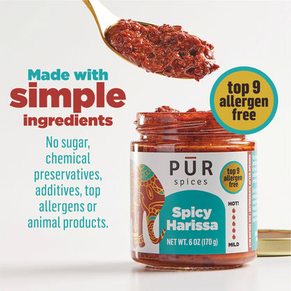 PUR Spices Original Spicy Harissa Paste I Hot Sauce for Cooking and Dipping I Spicy Chili Pepper and Garlic Paste | Middle Eastern Inspired | Plant Based, Gluten Free, No Sugar Added, Preservative and Additive Free I 6oz Jar