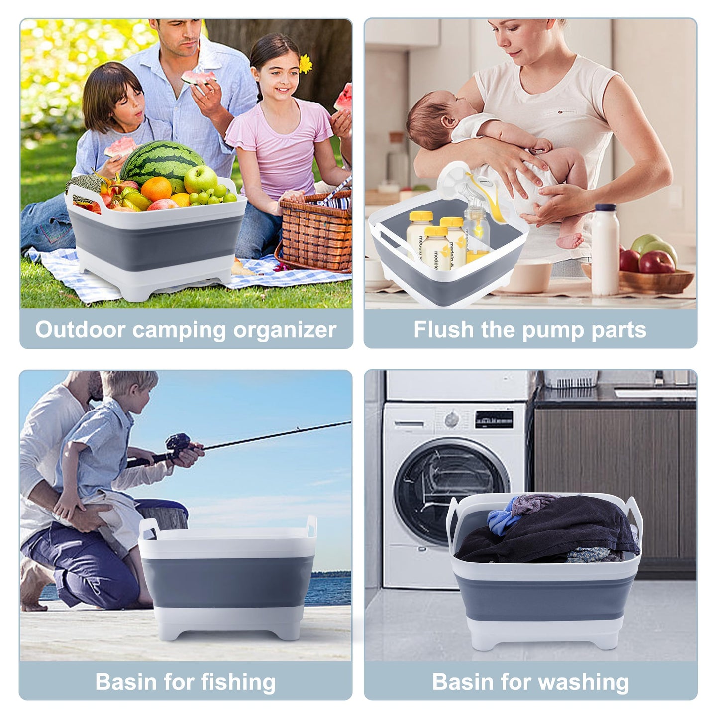 2.4 Gal(9L) Collapsible Dish Basin with Drain Plug, Space Saving Outdoor Multiuse Foldable Sink Tub, Dishpan, Kitchen Storage Tray for Camping, Vegetable Washing, RV (Gray)