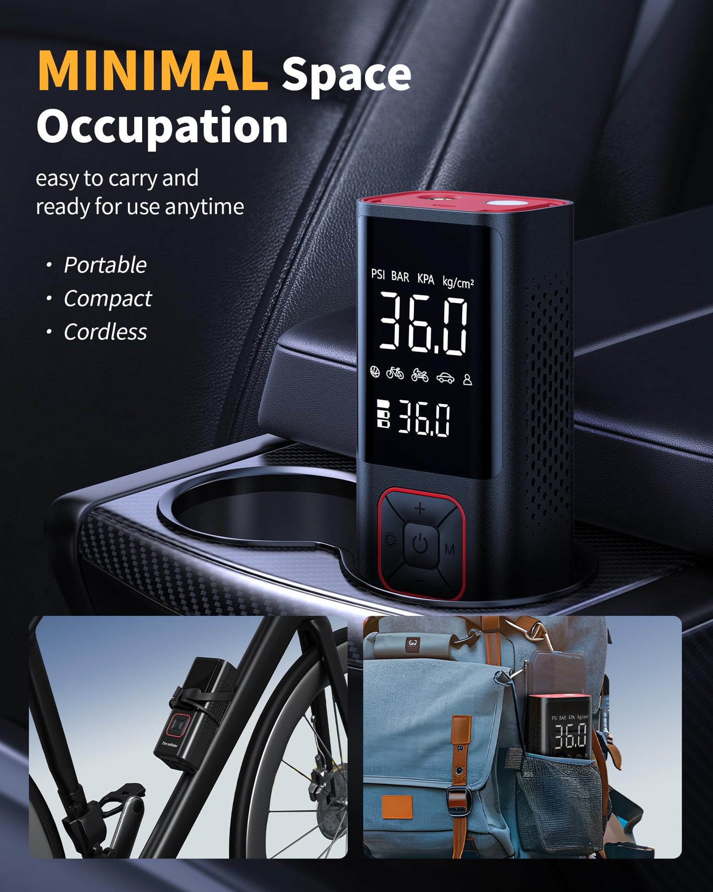 Powools Cordless Tire Inflator Portable Air Compressor - 150PSI Air Pump with Auto Shutoff Function for Car Tires, Inflatables, Motorcycle, Balls, Compact Bike Tire Pump with LED Light, Red, Large