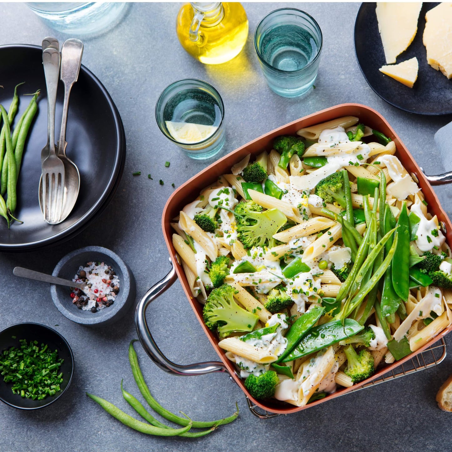 Moss & Stone 5 Pcs Copper Chef Cookware Non Stick Deep Frying Pan, Fry Basket, Steamer Rack, Dishwasher & Oven Safe, 5 Qt Deep Square Pan, Induction Copper Cookware Set - 9.5" x 3.5"