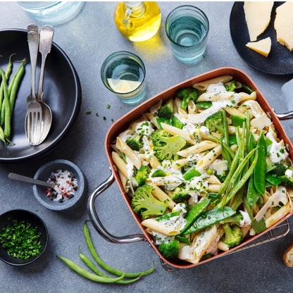 Moss & Stone 5 Pcs Copper Chef Cookware Non Stick Deep Frying Pan, Fry Basket, Steamer Rack, Dishwasher & Oven Safe, 5 Qt Deep Square Pan, Induction Copper Cookware Set - 9.5" x 3.5"