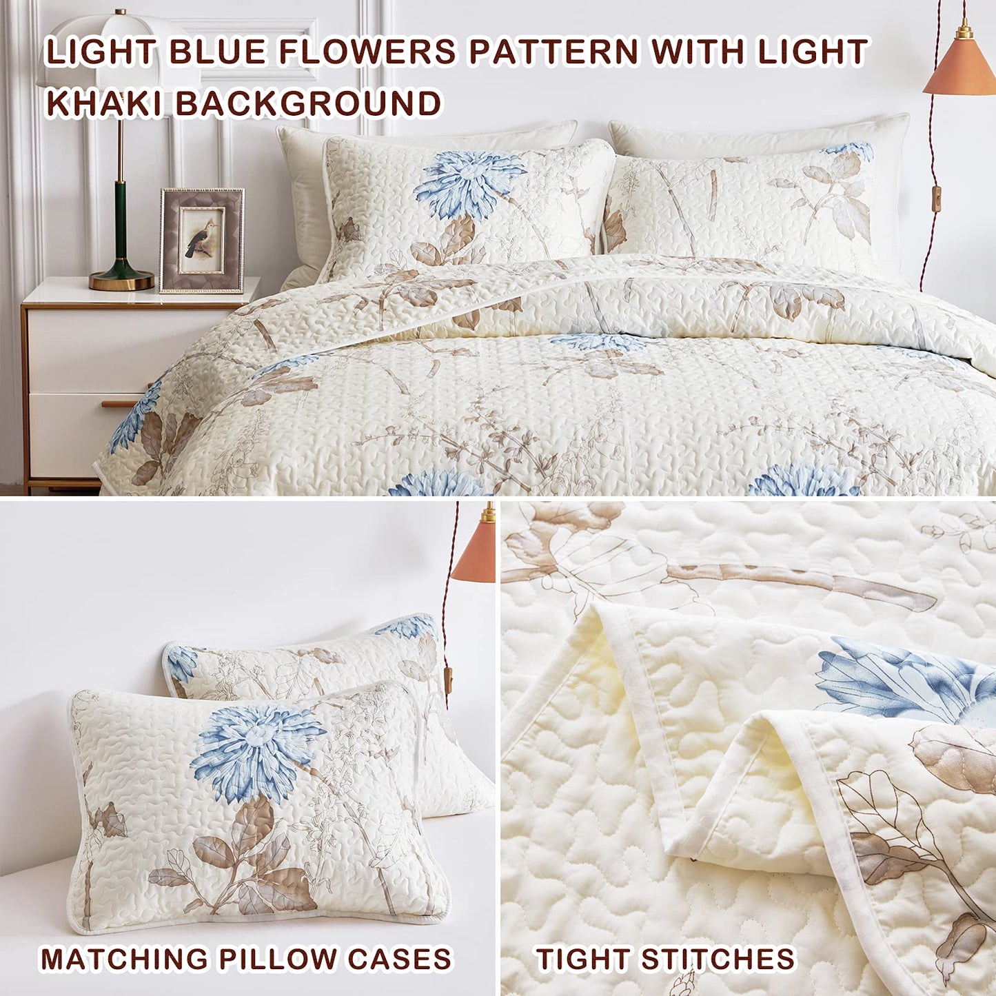 Joyreap Floral Quilt Set California King- 102x114 inches, 3 Pieces Lightweight Microfiber Quilt, Elegant Flower Botanical Design, Bedspread Bed Cover for All Season, 1 Quilt and 2 Pillow Shams