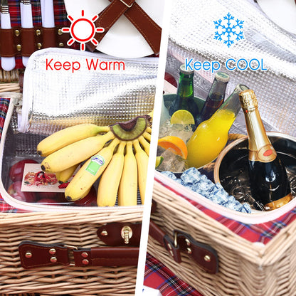 HYBDAMAI Wicker Picnic Basket for 4 with Waterproof Picnic Blanket and Insulated Cooler, Willow Hamper for Camping, Outdoors, Photoshoot, or a Birthday, Valentine’s Day, Wedding Gift