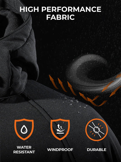 ORORO Men's 4 Heat-Zone Heated Jacket with Battery, Soft Shell Heated Jacket with Detachable Hood (Black/Blue, XL) (Charger Not Included)