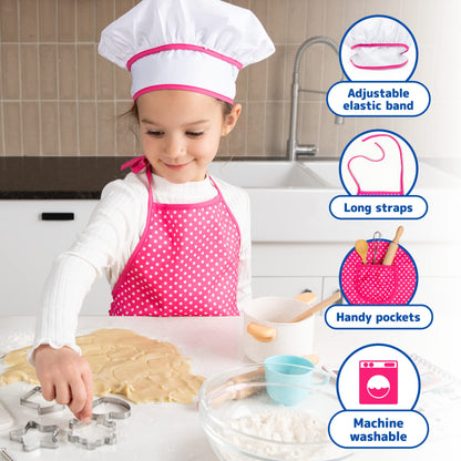 JaxoJoy Kids Cooking and Baking Chef Set for Little Girls, Complete Cooking Sets, Toddler Dress Up and Pretend Play Dress Up Clothes for Girls, Kitchen Toys 3-5 Years Old with Kids Aprons