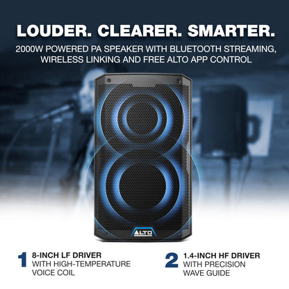 ALTO TS408 2000W 8" Powered PA Speaker with 3 Channel Mixer, Bluetooth Streaming, Wireless Loudspeaker Linking, DSP and ALTO App