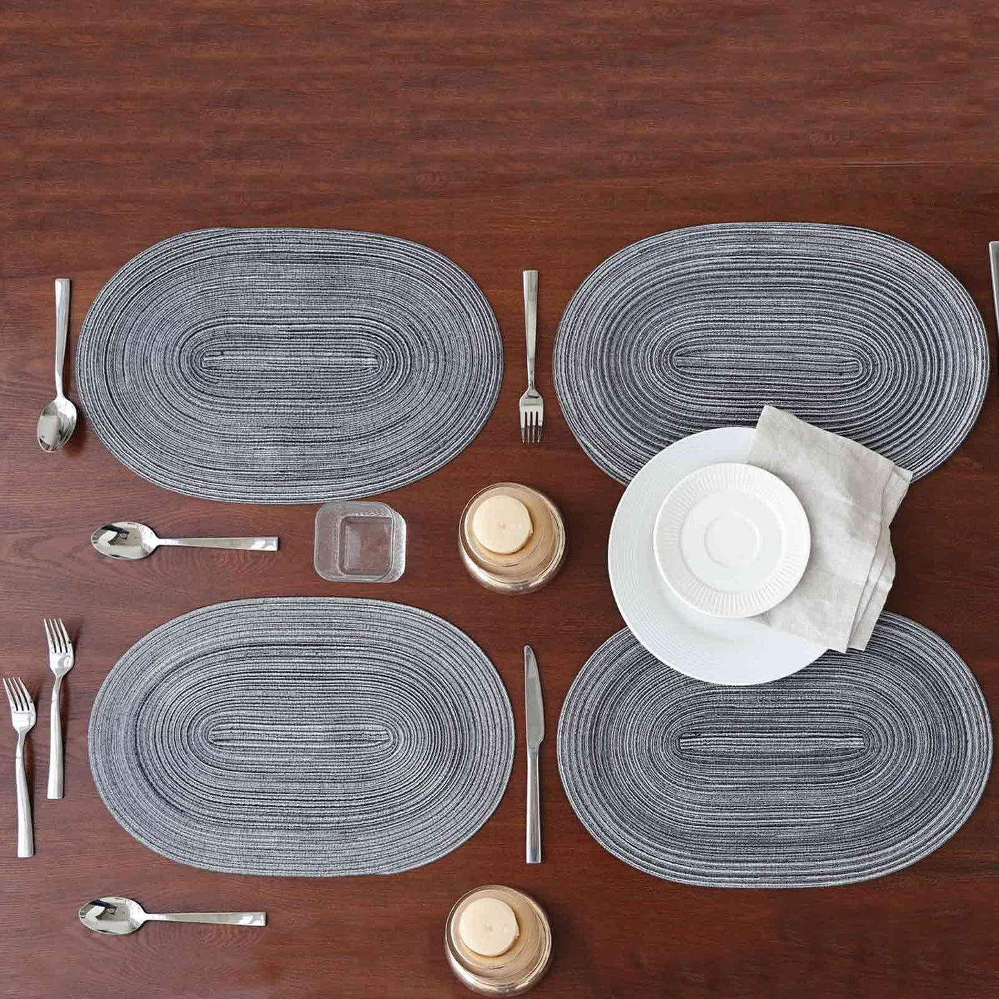Noctiflorous Oval Braided Placemats Set of 4 Woven 12x18 Inch Non Slip Washable Heat Resistant Place Mats Tablemats for Dining Kitchen Party Daily Table Decor Dinner Mats (Black Gray, 4)