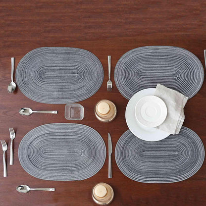 Noctiflorous Oval Braided Placemats Set of 4 Woven 12x18 Inch Non Slip Washable Heat Resistant Place Mats Tablemats for Dining Kitchen Party Daily Table Decor Dinner Mats (Black Gray, 4)