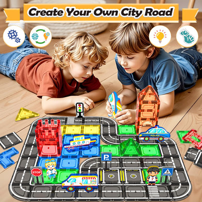 IGIVI 104 PCS Magnetic Tiles Road Set, STEM Construction Toys for Kids Ages 3-5 5-7 4-8, Magnet Building Blocks for Toddler Toys Games, Christmas Birthday Gifts for 3+ Year Old Boys Girls