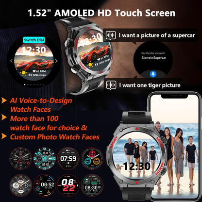 Military Smart Watch for Men With AI Q&A (Answer/Make Call/SMS Reply), 1.52" HD Smartwatch for Android Phones/iPhone, 100+ Sport Mode Fitness Tracker with HR, SpO2, Sleep Monitor, IP68 Waterproof
