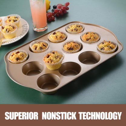 JOHO BAKING Nonstick Muffin & Cupcake Pan Set (2 Pack) - 12 Cup Regular + 24 Cup Mini Muffin Tins | Heavy Duty Gold Carbon Steel, Rust-Resistant, Easy Release