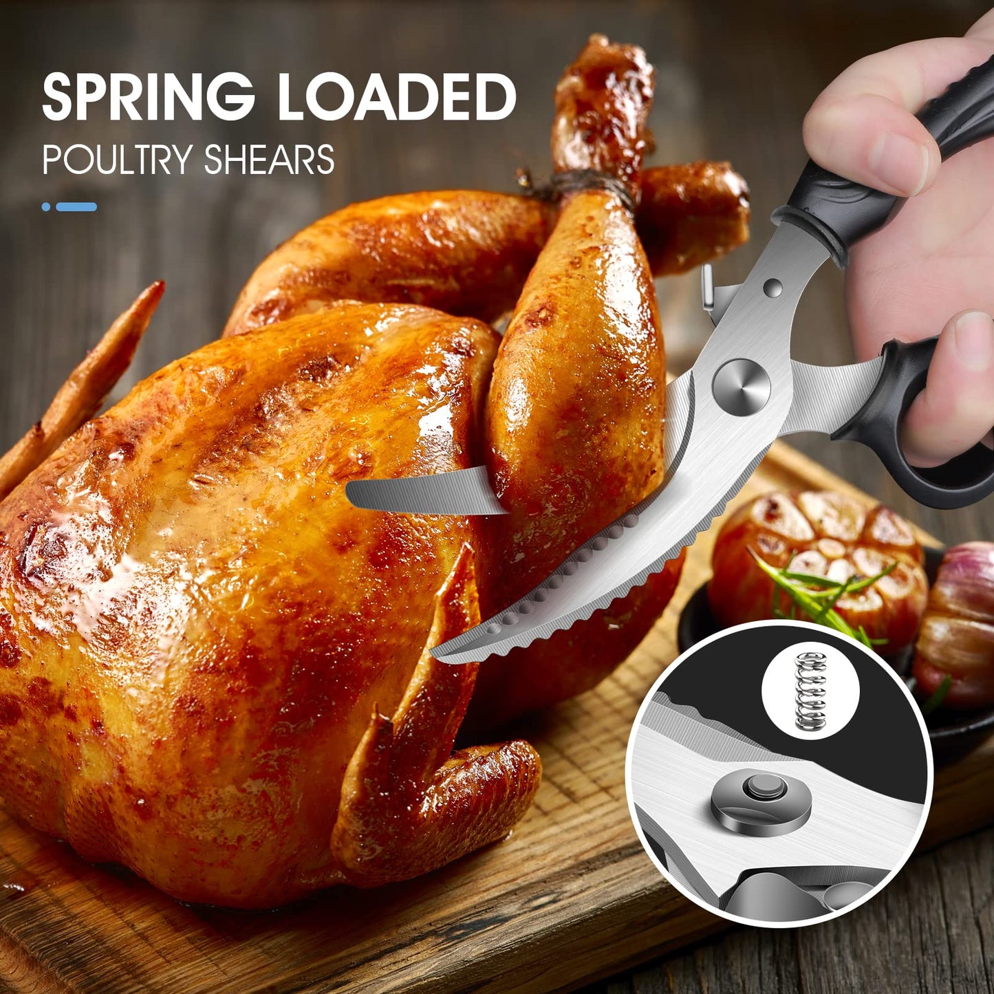 PURPLEBIRD Heavy Duty Poultry Shears, Spring Loaded Kitchen Scissors, Dishwasher Safe Stainless Steel Cooking Scissors, Multipurpose Kitchen Shears for Cutting Chicken and Meat Black