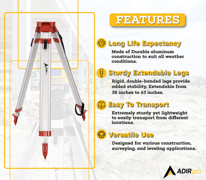 AdirPro Universal Survey Tripod – Laser Level Tripod – Transit Level Tripod - Quick Clamp - Heavy Duty Contractor Tripod 5/8” x 11” Thread (Orange Aluminum)