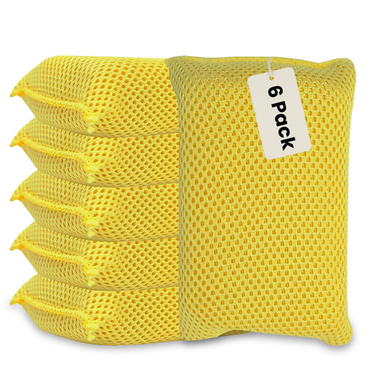 Iconikal 6-Pack Bug Scrubber Sponge 5.9x3.5-Inch Yellow Microfiber Large Car Wash Reusable for Paint Chrome Glass RV Motorcycle Cleaning