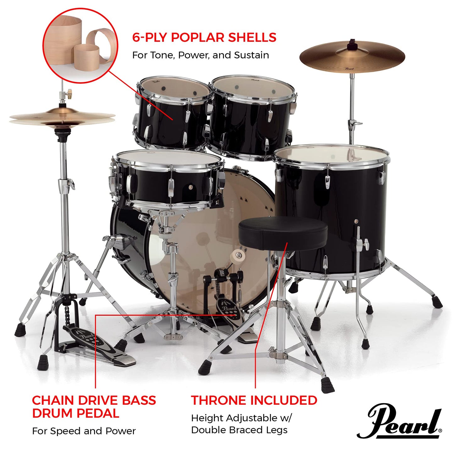 Pearl Roadshow Drum Set 5-Piece Complete Kit with Cymbals and Stands, Jet Black (RS525SC/C31)