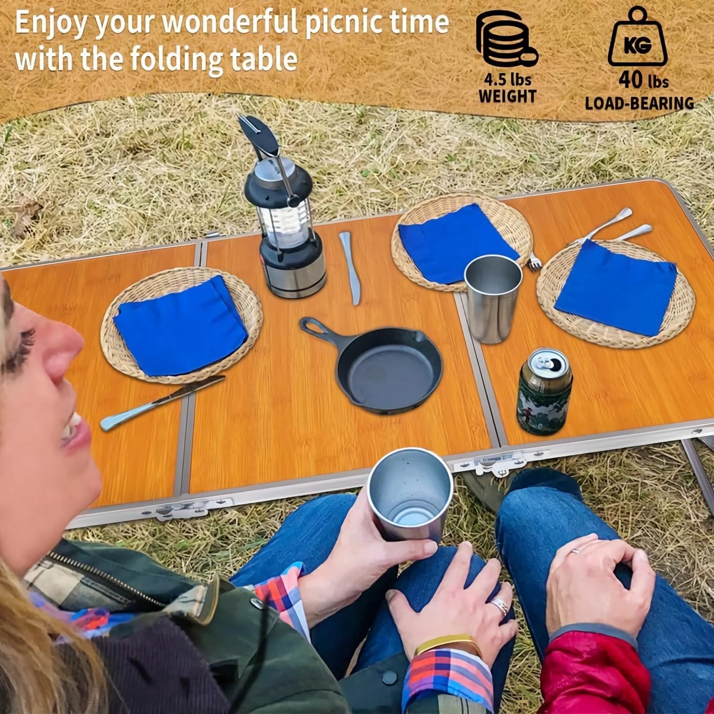 PLANEXPERT Folding Camping Table,3 Feet Portable Outdoor Table with Aluminum Legs,3 Fold Lightweight Beach Table with Handle,Camping Accessories for Home Picnic BBQ Garden Cooking