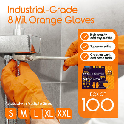 Inspire Heavy Duty Orange Nitrile Gloves Disposable Latex Free | ULTRA 8 Mil Diamond Textured Grip | Industrial Mechanic Food Large, 100 Count