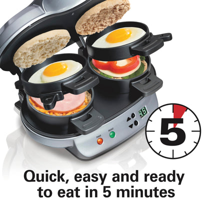 Hamilton Beach Dual Breakfast Sandwich Maker with Timer, Ready in 5 Minutes, Removable Dishwasher Safe PFAS-Free Non-Stick Egg Cooker Ring, Silver (25490MNA)