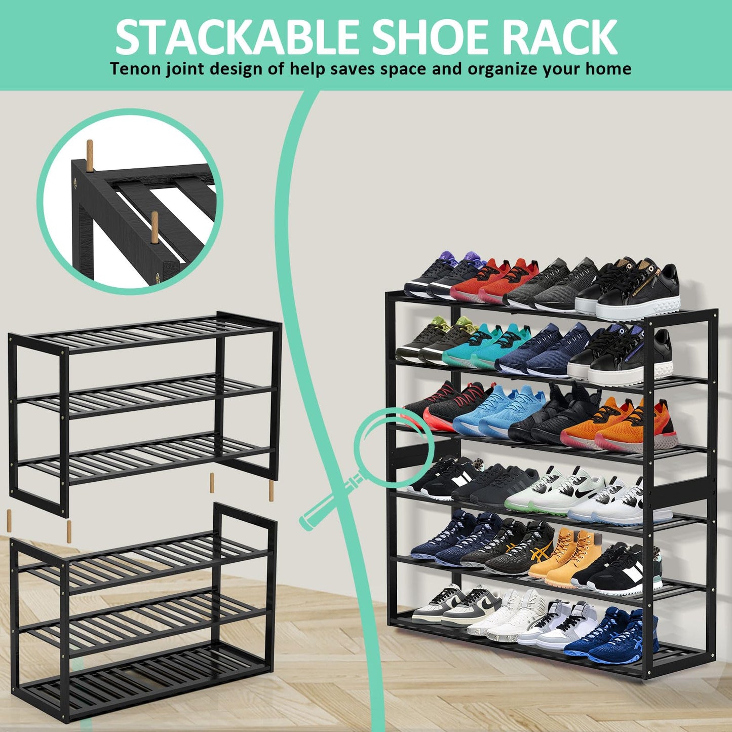 Jripae Bamboo Shoe Rack for Closet, Stackable 3 Tier Longer Shoe Organizer Shelf Holder Storage 12-15 Pairs for Entryway Door Hallway Bedroom Garage Space Saving Foldable Black