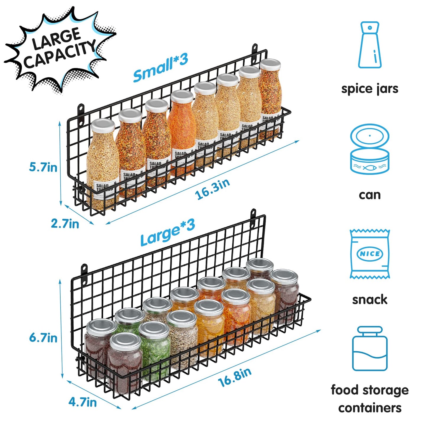 JKsmart 6-Tier Spice Rack Organizer with Door Hook, Wall Mounted & Over the Door Spice Racks for Kitchen Pantry Door Cabinet, Two Size, Large Capacity, Black